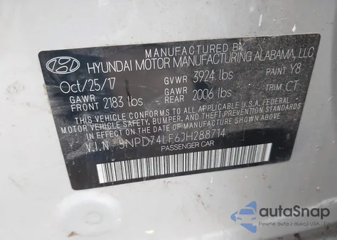 2018 Hyundai Elantra Se z USA, uszkodzony, nr VIN 5NPD74LF6JH288714